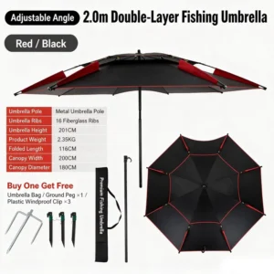 2*2m Beach Fishing Umbrella Double Layer Black Coated Polyester Fabric 3000mm Waterproof Sun Proof Customizable Outdoor Camping