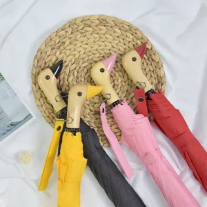 2 Folding Umbrellas with Wooden Duck Head Handles and UV Protection