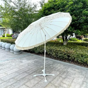 2 Meter, 16-Rib Beach Umbrella with Tassels, Vintage Printed Sun Umbrella