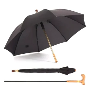 2-in-1 23-Inch 8K Walking Stick Umbrella Bamboo Cane Umbrella