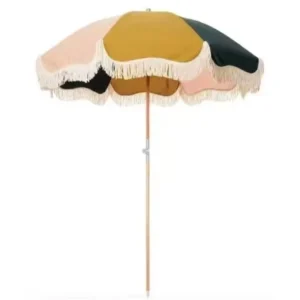 2.0M Fringed Beach Umbrella with Wooden Stick for Outdoor Beach Use