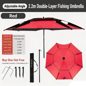 2.2*2.2m Glass Fiber Reinforced Fishing Beach Umbrella Double Layer Black Coated Polyester Cloth >3000mm Waterproof Sun Proof