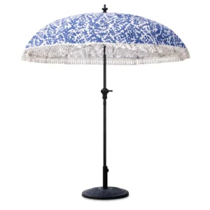 2.2M Printed Parasol with Tassel Patio Umbrella Floral Print for Pool Beach