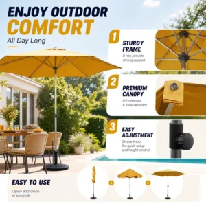 2.5/2.7m Yellow Folding Outdoor Center Pole Parasol for Courtyard, Park, and Beach