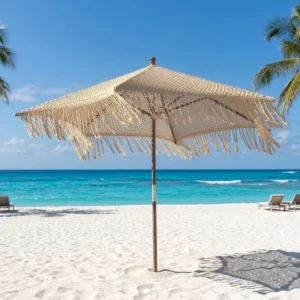 2.5M Steel and Cotton Patio Umbrella with Tassels and Ropes for Outdoor Garden, Beach, Hotels, and Parks