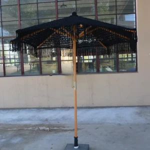 2.5m Dia Wooden Macrame Cotton Rope Beach Sun Umbrella with Tassels and Fringe