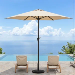 2.7M Garden Sun Umbrella, Iron Frame Center-Pole Umbrella for Outdoor Beach and Patio, Parasol with Base