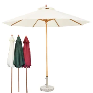 2.7m/3.0m Round Outdoor Beach Umbrella with Solid Wood Poles and Pull Ropes