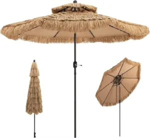 2.7m Hawaiian Parasol Straw Umbrella Foldable with Double Roof for Garden Balcony Beach