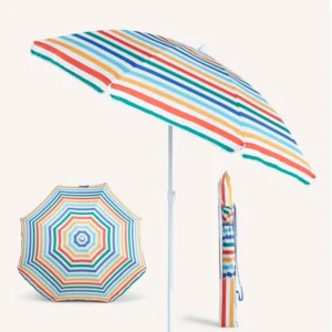 200 cm Portable Stripe Outdoor Beach Umbrella with Metal Mast, Polyester Cover and Carry Bag