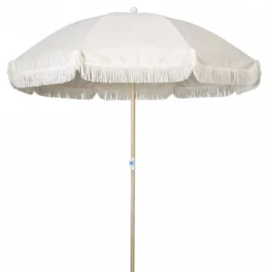 200CM Aluminum Wooden Coated Cotton Beach Umbrella with Tassels