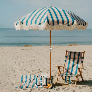 200cm Custom Outdoor Wooden Pole Fringed Beach Parasol With Cotton Tassels Chair Set Cooler Outdoor Furniture