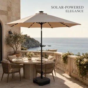 200g Solution Dyed Fabric 2.3m Patio Umbrella Solar LED Lighting Aluminum Tilt for Villa Poolside and Boutique Hotel