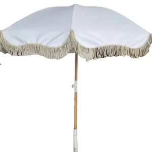 200g White Nylon Cotton Canopy Beach Umbrella with Fringe, 200cm Beach Wood Pole, Tassels and Carry Bag