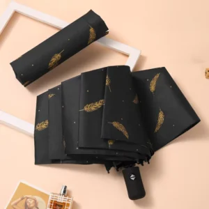 21 Inch Black-Coated UV-Protective Classic Folding Sun Umbrella with Gold Foil Pattern 190T Nylon Automatic Opening