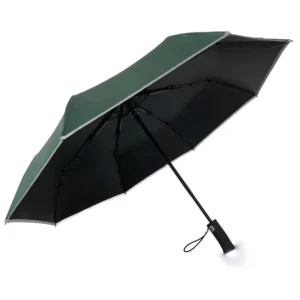 21inch 3 Fold Fully Automatic Green Color UV Protection Light Reflective Led Umbrella With Adjustable Led Torch