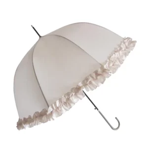 23″*8k Auto Open Dome Shape White Lace Wedding Umbrella With Leather Hook Handle for Lady