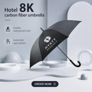 23” Black Automatic Hotel Umbrella with 8K Carbon Fiber Ribs Waterproof Rubberized Handle Custom Logo Available