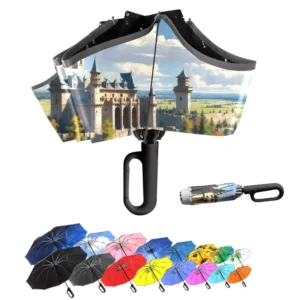 23-Inch 10-Panel Automatic Open-Close Compact 3-Fold Umbrella with Ring-Buckle Handle