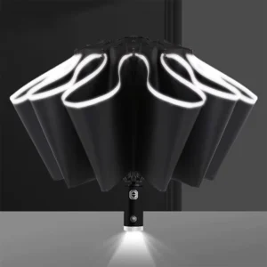 23 Inch 10-Rib 190T UV-Protective 3-Fold Automatic Umbrella with Reflective LED Light Handle
