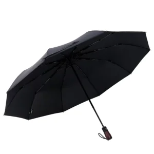 23 Inch 10-Rib Automatic Open and Close Wood Grip 3-Fold Rain and Sun Umbrella