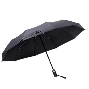 23 Inch 10K Auto Open and Close UV Protection Three-Folding Pongee Umbrella with Black Coating Steel Fiberglass Frame
