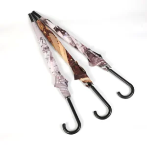 23 Inch 8 Panel Classic Brown Pattern Design Straight Rain Umbrella Hanging Feature Black Metal Frame Outdoor OEM Polyester