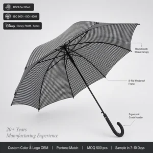 23 Inch 8K Crook Handle Straight Umbrella Houndstooth Pattern Auto Open Metal Frame
