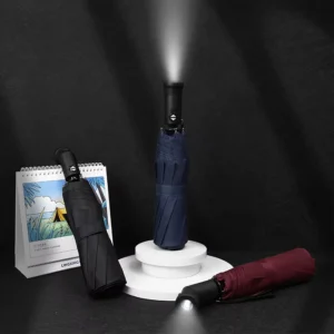 23-Inch Automatic 3-Fold Umbrella with Turn-Around Handle and LED Flashlight