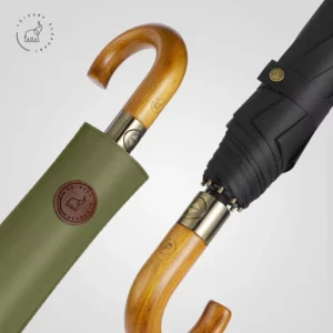 23-Inch Automatic Open Close 3-Fold J-Handle Umbrella Solid Color Pongee Fabric Wooden Handle