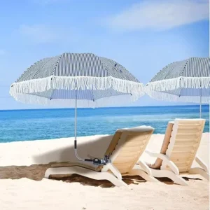 23-Inch Blue and White Striped Manual Clamp Beach Chair Umbrella with Tassels and UV Protection