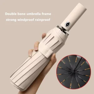23-Inch Fully Automatic 3-Fold Fiberglass Umbrella, 12-Rib Windproof Design for Sun and Rain