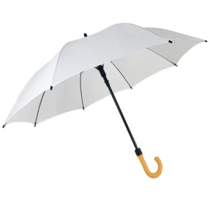23 Inch Straight Auto Full Fiberglass Windproof White Umbrella with Yellow Hook Handle