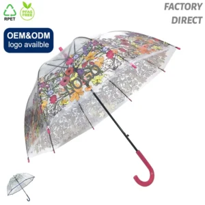 23 Inch Transparent Plastic White Handle POE Material Fiberglass Ribs Semi-Automatic Flower Children’s Straight Umbrella