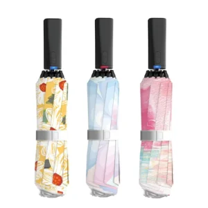 23-Inch UV-Protective Automatic Open Electric Reverse Compact Travel Sun Rain Plastic Handle Custom Print Three-Folding Umbrella