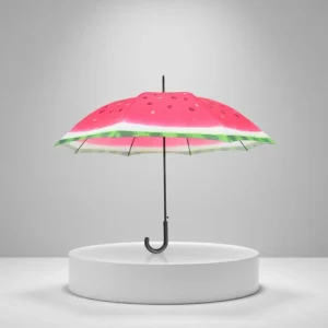 23 Inch Watermelon Design Custom Print Semi Automatic Open Curved Plastic Handle Travel Rain 8 Ribs Straight Umbrella