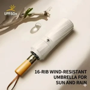 23-Inch Windproof Waterproof Anti-UV Automatic Folding Sunshade Umbrella with Wooden Handle
