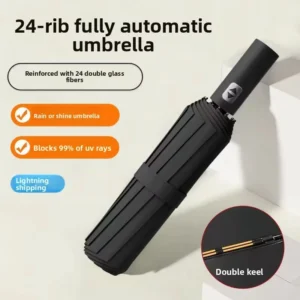 24-Rib Fully Automatic Three-Fold Umbrella for Men, Large Size, Foldable Black-Coated Fabric for Sunny and Rainy Days