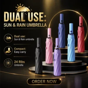 24-Rib Heavy-Duty Automatic Folding Umbrella Windproof Anti-UV Sun Parasol Custom Logo Printed