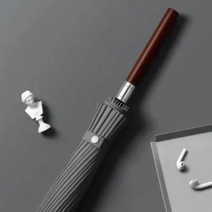 24-Rib Long Straight Windproof Umbrella with Solid Wood Handle for Business and Outdoor Use