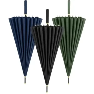 24K Sturdy Auto Open Fiberglass Windproof 190T Pongee Rainproof Premium Grade Leather Handle Straight Umbrella for Business