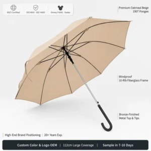 25 Inch 8 Ribs Windproof Auto Open Straight Umbrella Oatmeal Beige Pongee Fiberglass Frame Custom Logo OEM