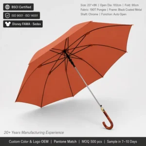25 Inch 8K Windproof Auto Open Straight Umbrella Terracotta Pongee Fiberglass Frame Tortoiseshell Handle Custom Logo OEM