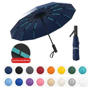 25 Inch Automatic 12 Ribs Fiberglass Multiple Ribs Anti Storm Windproof 210T Pongee Compact Custom Fold Umbrella with Logo
