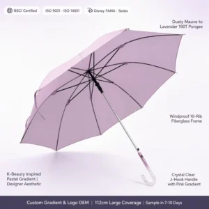 25 Inch Automatic Open Windproof Umbrella Lavender Pink Gradient Pongee Fabric Crystal Tips Fiberglass Frame Custom Logo