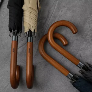 25 Inch Classic Wood J-Handle Stick Auto Open Windproof Rain Umbrella