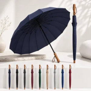 25 Inch Manual 16 Ribs Fiberglass 210T Pongee Wood Handle With Wrist Strap Custom Straight Umbrella With Logo Print