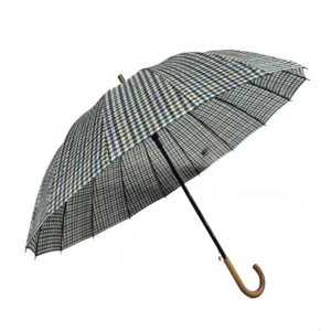 25-inch 16-Rib Straight Rain Umbrella with Check Pattern and J-shaped Handle