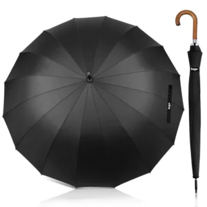 27 Inch 16 Ribs Heavy Rain Storm Umbrella with Classic Wooden Handle
