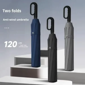 27-Inch Automatic Open Pongee Fabric Rainproof Compact Two-Fold Umbrella with Ring Buckle Handle and Logo Printing